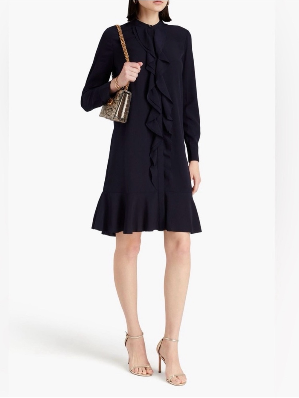 NWT Tory Burch Jane Shift Dress Navy Blue Ruffle Front Size 0